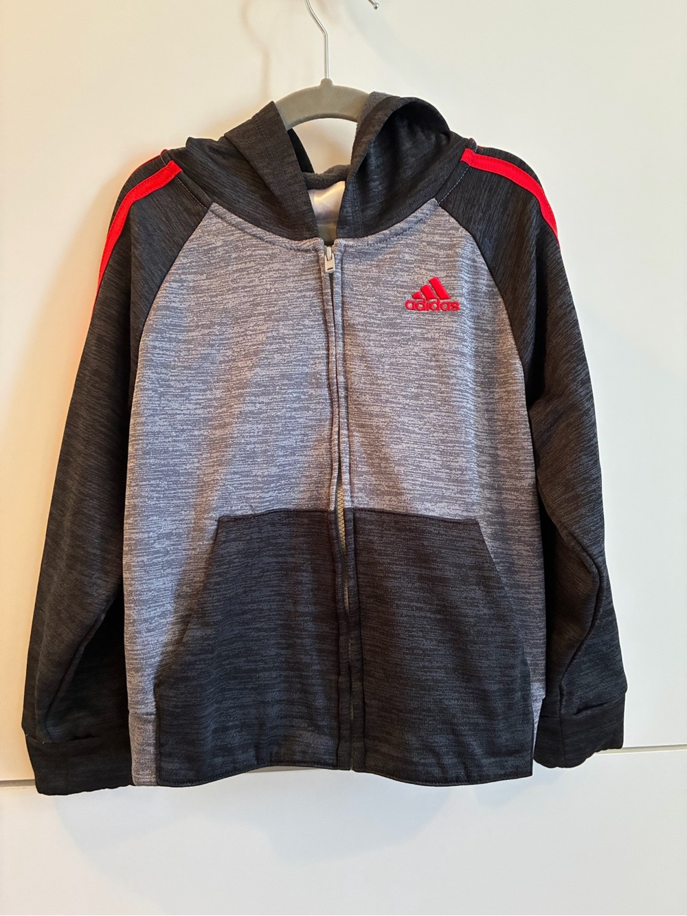 Adidas Kids Gray & Black Full-Zip Hoodie with Red Accents - Size 4